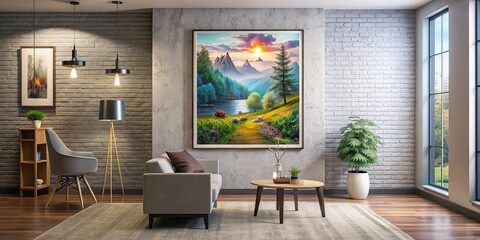 Modern Living Room with Large Landscape Painting and Minimalist Decor
