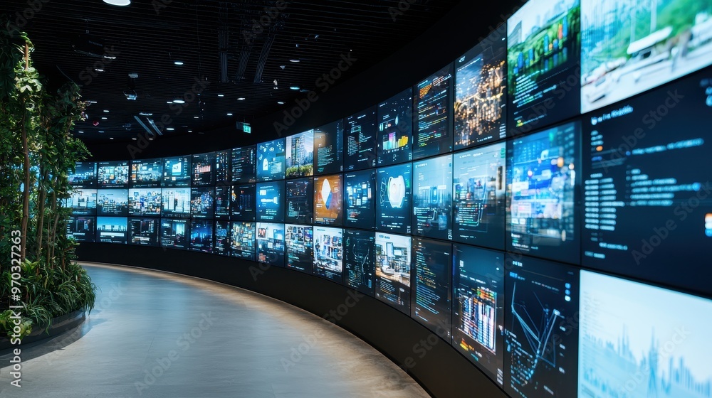 Poster futuristic data center control room with curved screen display