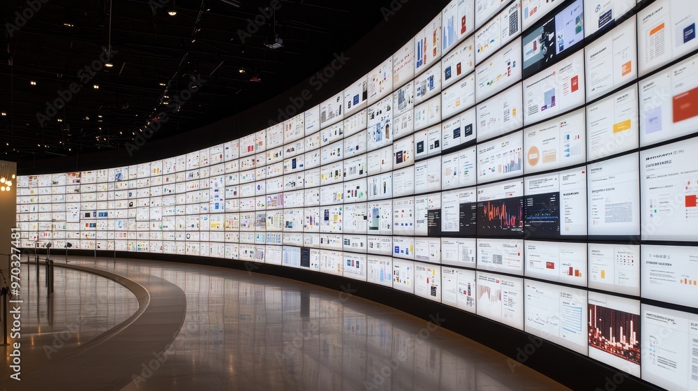 Poster curved wall of illuminated screens displaying data and graphs in a modern office