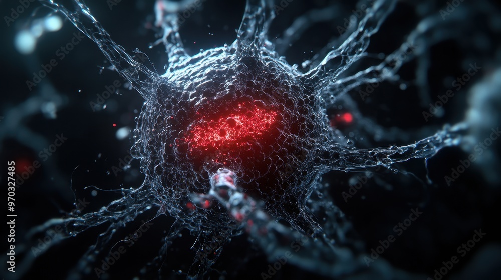 Poster 3D Render of Neuron Cell with Red Glowing Nucleus -  Microscopic View of Nervous System
