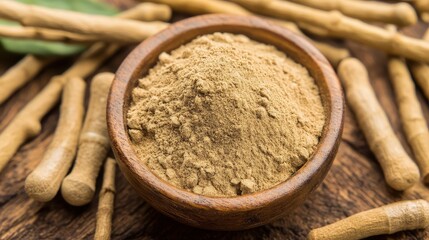 Ashwagandha Powder in Wooden Bowl with Root Pieces