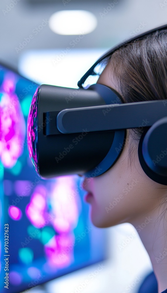 Poster female engineer utilizing vr headset for aircraft design in high-tech lab