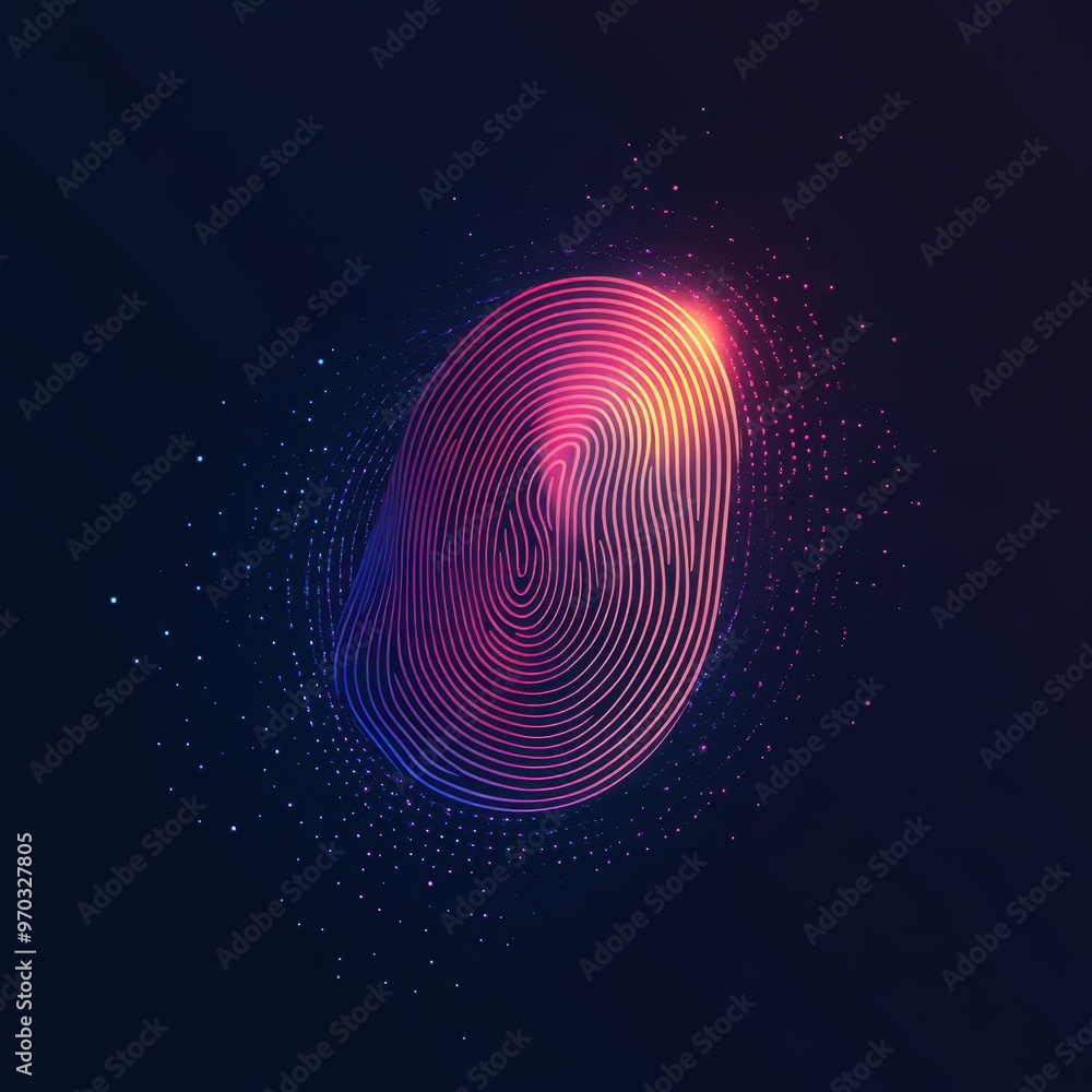 Poster abstract fingerprint pattern with neon lights and glowing particles on dark background.