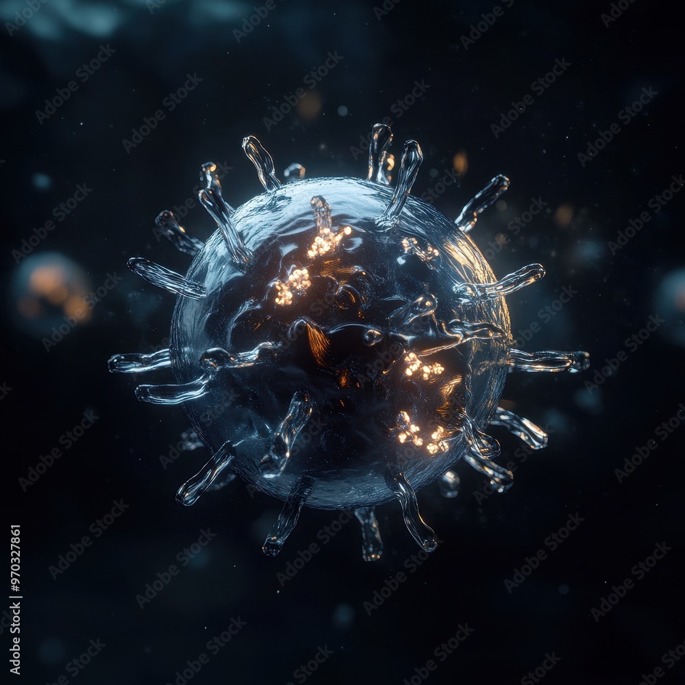 Aufkleber 3d rendering of a virus particle with glowing surface structures.