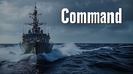 Powerful Naval Ship Commanding the Open Sea with Word  Command  Prominent