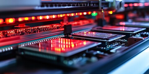 Obraz premium Advanced Processing Unit on PCB in Electronics Manufacturing: Fully Automated Assembly Line for Circuit Boards in Electronic Device Production.