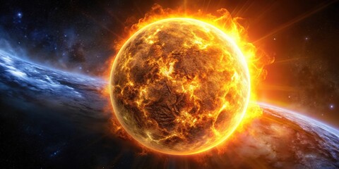 Burning Sun with Intense Solar Flares and Earth in the Background
