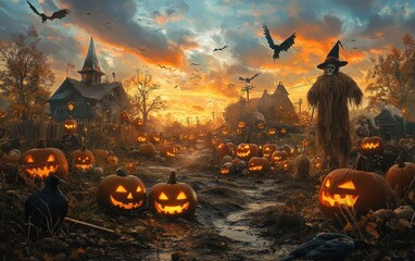 Spooky Halloween Village with Jack-o'-Lanterns, Crows, and a Scarecrow at Sunset.