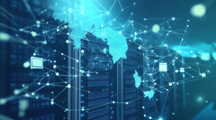 Obraz premium Global Network Connection Concept with Server Racks and World Map