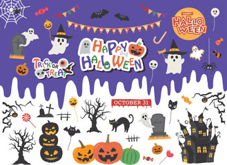 ハロウィン　かわいいイラストとロゴのセット