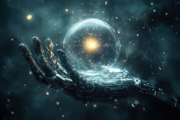 Obraz premium Futuristic Robotic Hand Holding a Glowing Sphere of Data and Network Connections.