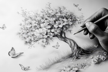 Hand Drawing a Blooming Tree with Butterflies - Graphite Pencil Sketch.