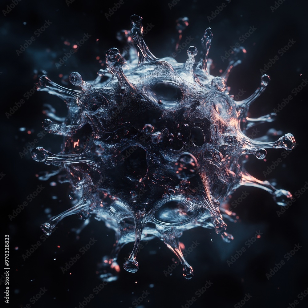 Poster 3d render of a virus or bacteria with a spiky surface and a glowing core.