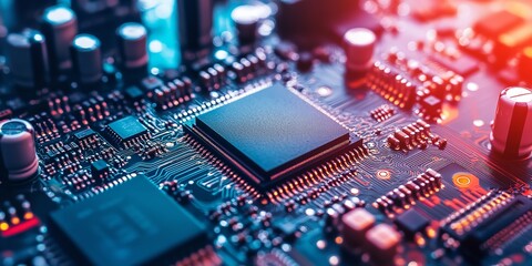 Fototapeta premium Advanced Processing Unit on PCB in Electronics Manufacturing: Fully Automated Assembly Line for Circuit Boards in Electronic Device Production.