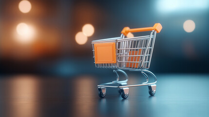 A shiny metal shopping cart with an orange handle sits on dark surface, illuminated by soft bokeh lights in background, creating modern shopping atmosphere.