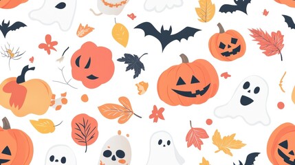 Fototapeta premium Cartoon pattern featuring autumn harvest elements Halloween pumpkins ghosts and skulls suitable for wrapping paper fabrics children s clothing prints and festive packaging