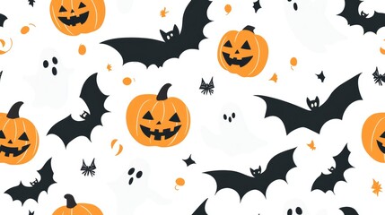 Seamless Halloween pattern featuring bats pumpkins and ghosts on a white background
