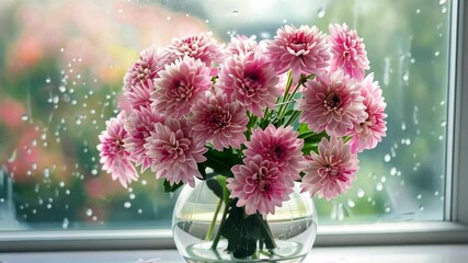 Beautiful pink chrysanthemums in a vase on a rainy day by the window - Powered by Adobe