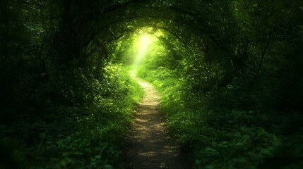 Obraz premium Enchanting Path Through Lush Forest Leads Towards Captivating Light