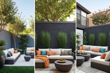Outdoor Living Design Collage Mockup Featuring Garden Background and Courtyard Wall Installation