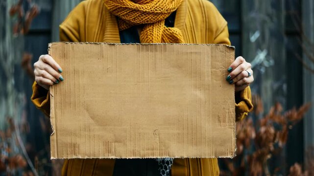 A person holding a blank cardboard sign in a casual outfit against an urban backdrop during fall