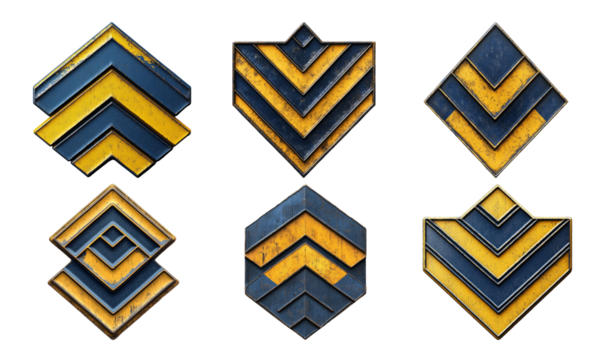 Industrial Geometric Metal Badge Set with Yellow and Blue Chevron Patterns