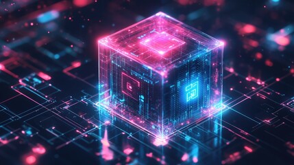 A glowing, futuristic cube with circuit board and digital data.