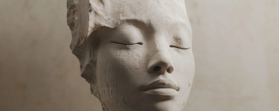 Sculpture of serene face, close-up view