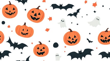 Fototapeta premium Seamless Halloween pattern featuring bats pumpkins and ghosts on a white background