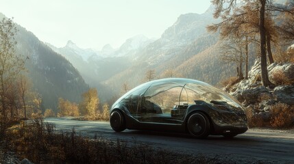 Naklejka premium Futuristic Car Driving Through a Mountain Pass with Autumn Colors.