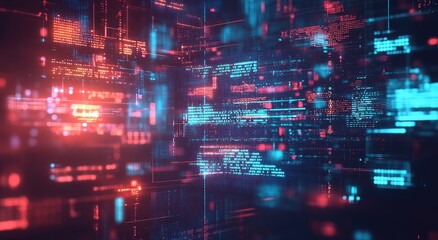 Fototapeta premium Abstract digital data stream with red and blue glowing lines in a dark background.