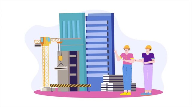 Construction workers with crane and building materials illustration business animated video