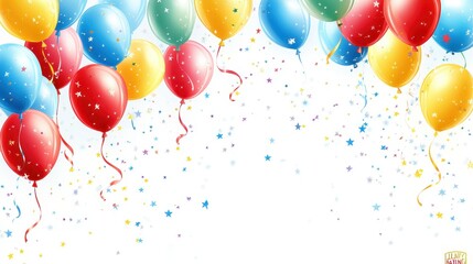 Colorful Balloons with Confetti and Ribbons on White Background - Celebration, Birthday, Party, Festive, Joyful, Happy, Holiday, Event.