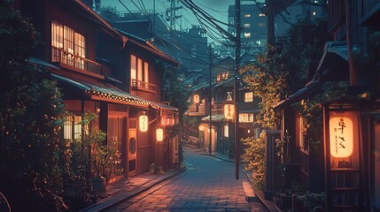 Obraz premium Lofi Beautiful Japanese Japan Tokyo City Town in Evening - Anime Style Cozy Home House Street Asia Asian Architecture Chill Relax 