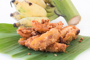 fried banana coat powder dessert snack delicious local foods of asia arrangement flat lay style on leaf banana
