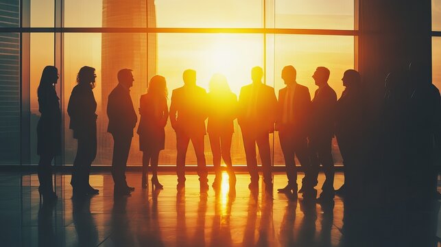 Group of Diverse Business Professionals Collaborating in a Backlit Office Setting During a Corporate Meeting