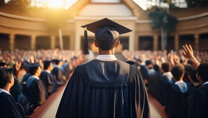 Obraz premium graduate walking across the stage to receive their diploma, with family and friends cheering in the audience. graduate in the graduation