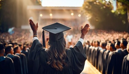 Obraz premium graduate walking across the stage to receive their diploma, with family and friends cheering in the audience. graduate in the graduation