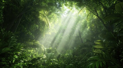 Lush Tropical Rainforest with Sunlight Rays Breaking Through Canopy, Green Foliage, Palm Trees