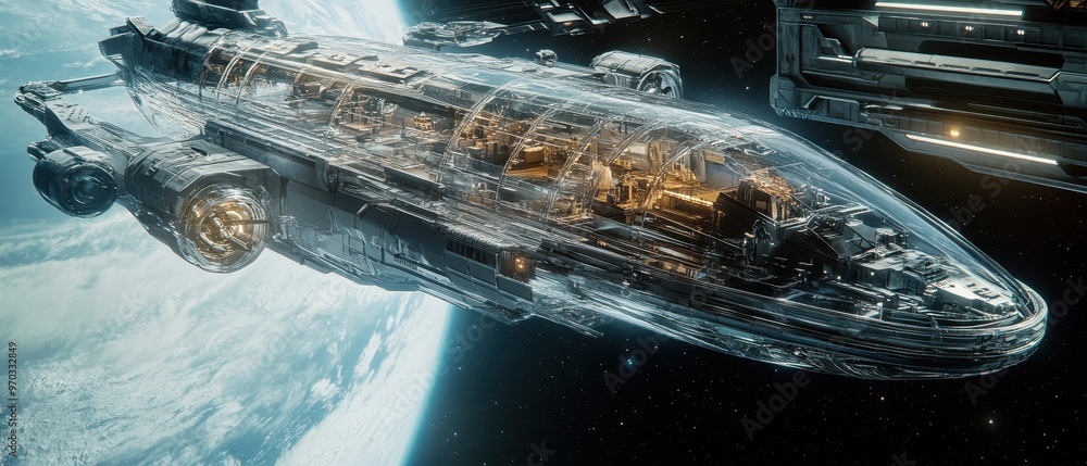 Poster futuristic spaceship with transparent hull orbiting earth in space.