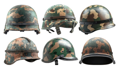Obraz premium Collection of Six Vintage Camouflage Military Helmets on Transparent Background