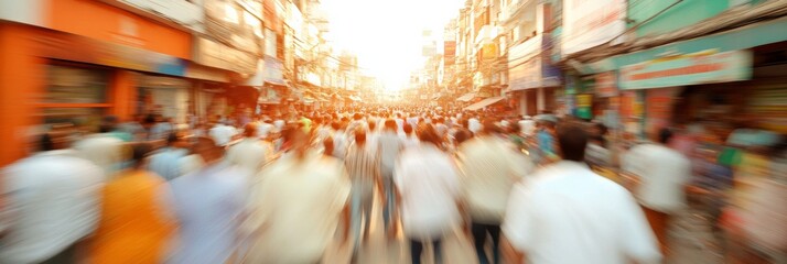 Dynamic Market Street Scene with Blurred Motion Capturing Vibrant Indian Crowds