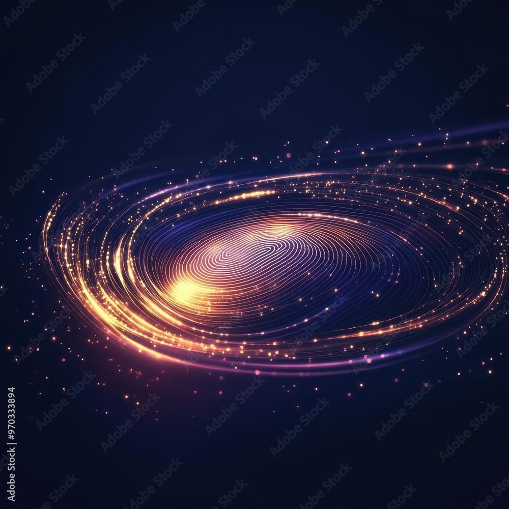 Poster abstract fingerprint with glowing lines and particles on dark blue background.