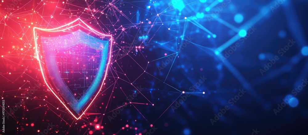 Poster cybersecurity data protection and cyber insurance concept with glowing shield icon against abstract 