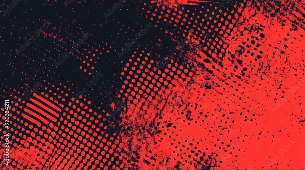 Poster abstract black and red grunge background with halftone dots pattern in pop art style
