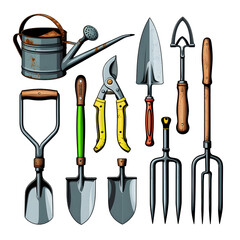 Gardening Tools Set   Watering Can  Shovel  Trowel  Fork  Pruners  Vintage Illustration