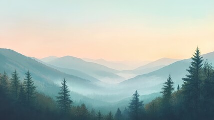 Obraz premium Misty Mountain Landscape with Evergreen Trees at Sunset.