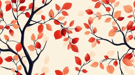 Colorful Autumn Foliage With Red Leaves On Tree Branches Seamless Pattern Background
