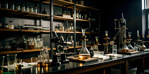 Fototapeta premium A cluttered laboratory with shelves of beakers, test tubes, and microscopes.