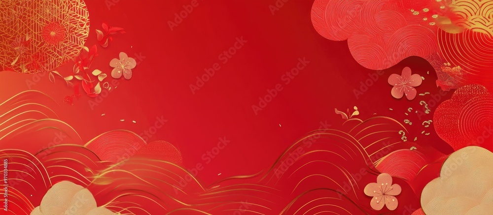 Poster colorful background with asian design red background with golden patterns